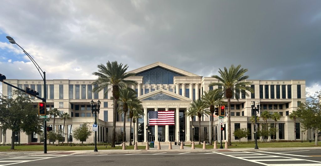 Front entrance of the Jacksonville courthouse at 501 W Adams St, 32202, serving as the hub for Duval County probate court proceedings where flat fee attorneys from Florida Probate Law Group file probate cases for Jacksonville beach residents
