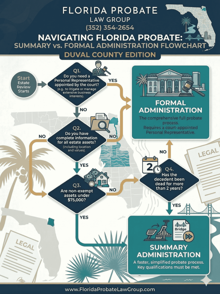 Duval County Florida Formal vs Summary Estate Administration Probate Flowchart - Florida Probate Law Group - Statewide Flat Fee Probate Lawyers - Flowchart depicts the conditions under which summary vs formal probate is necessary in Florida
