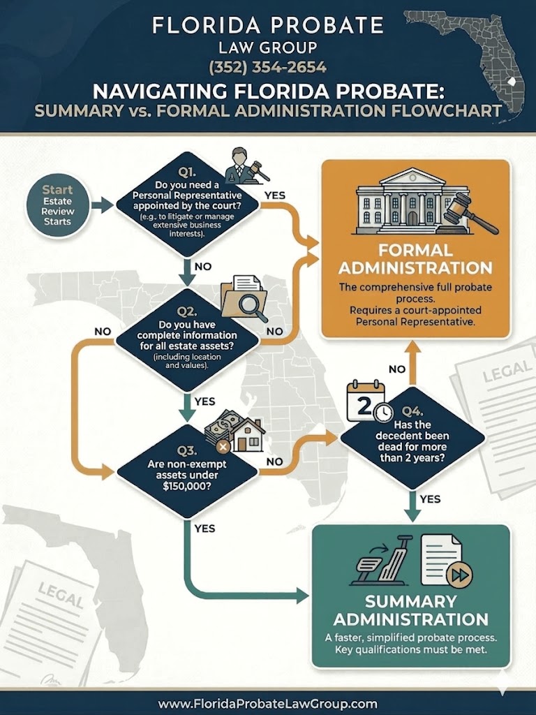 Florida probate process flowchart from Florida Probate Law Group comparing summary vs. formal administration with the updated $150,000 asset limit. Expert legal guidance for those seeking a flat fee probate lawyer Florida.