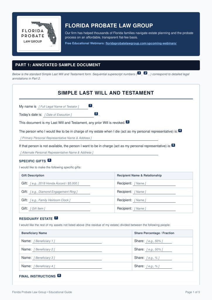Free fillable Florida Simple W&T page 1