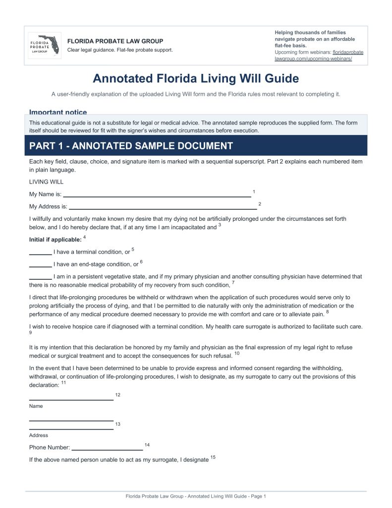 Free fillable Florida Living Will Page 1 From FPLG