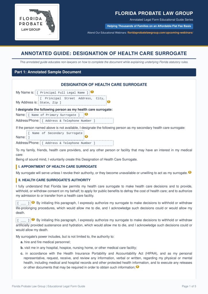 Free fillable estate planning form, Health Care Surrogate from FPLG page 1