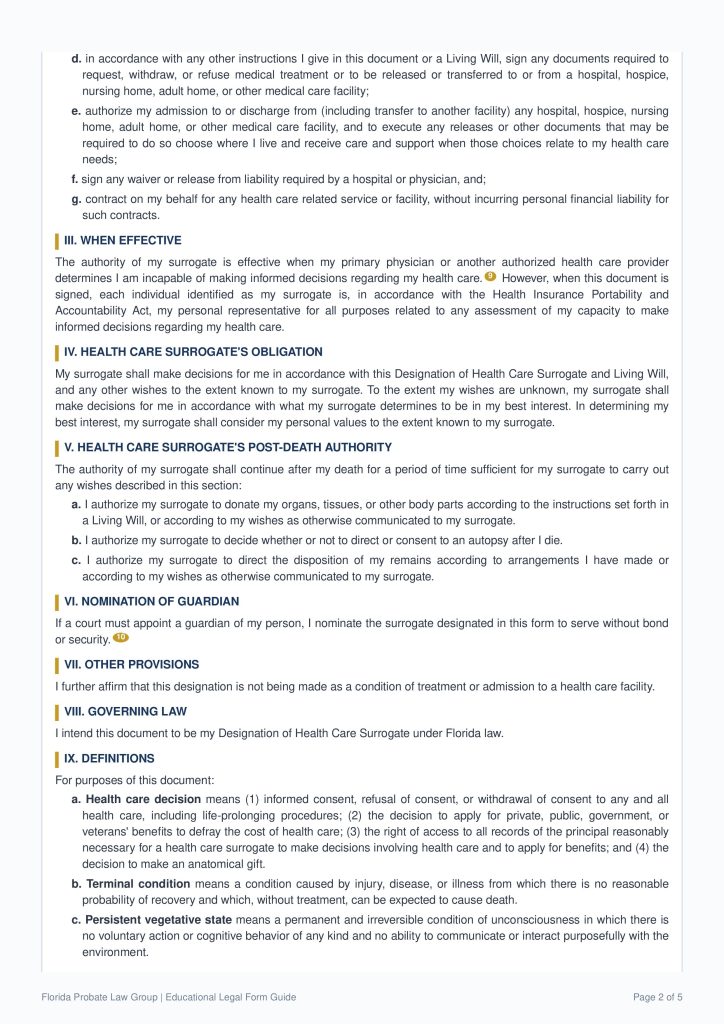 Free fillable estate planning form, Health Care Surrogate from FPLG page 2