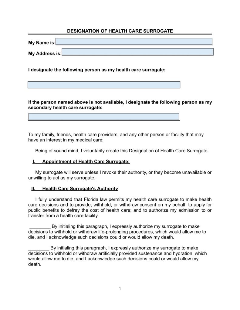 Free fillable estate planning form, Health Care Surrogate from FPLG page 6