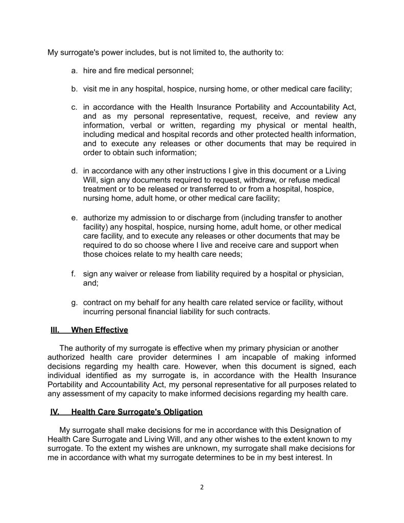 Free fillable estate planning form, Health Care Surrogate from FPLG page 7