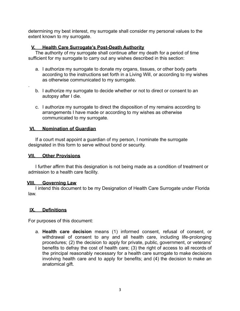 Free fillable estate planning form, Health Care Surrogate from FPLG page 8